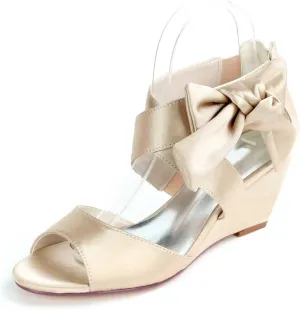 Womens Wedge Sandals Platform Round Toe High Heels Satin Open Toe Evening Prom Wedding Shoes Summer Shoes