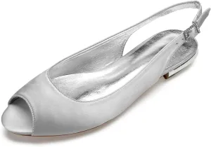 Women's with Buckle Satin Wedding Dress Shoes Slingback Sandals Peep Toe Flat Pumps Evening Party Comfort Bridal Flats