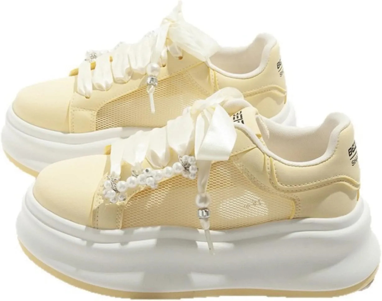 Women's Y2K Aesthetic Yellow Platform Sneakers Mesh Chunky Shoes Lightweight Breathable Sporty Casual Walking Shoes