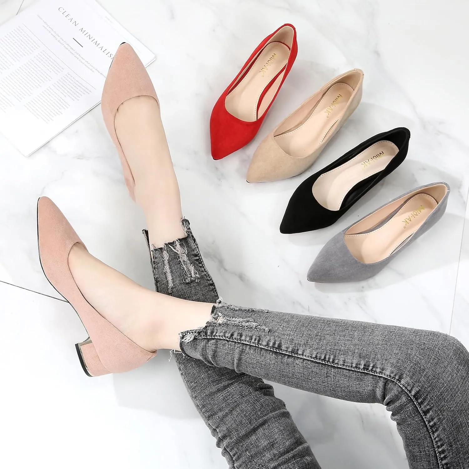 WUIWUIYU Womens Suede Pumps Low Heels Stacked Block Heeled Pumps Shoes Wedding Party Causal Flats Shoes
