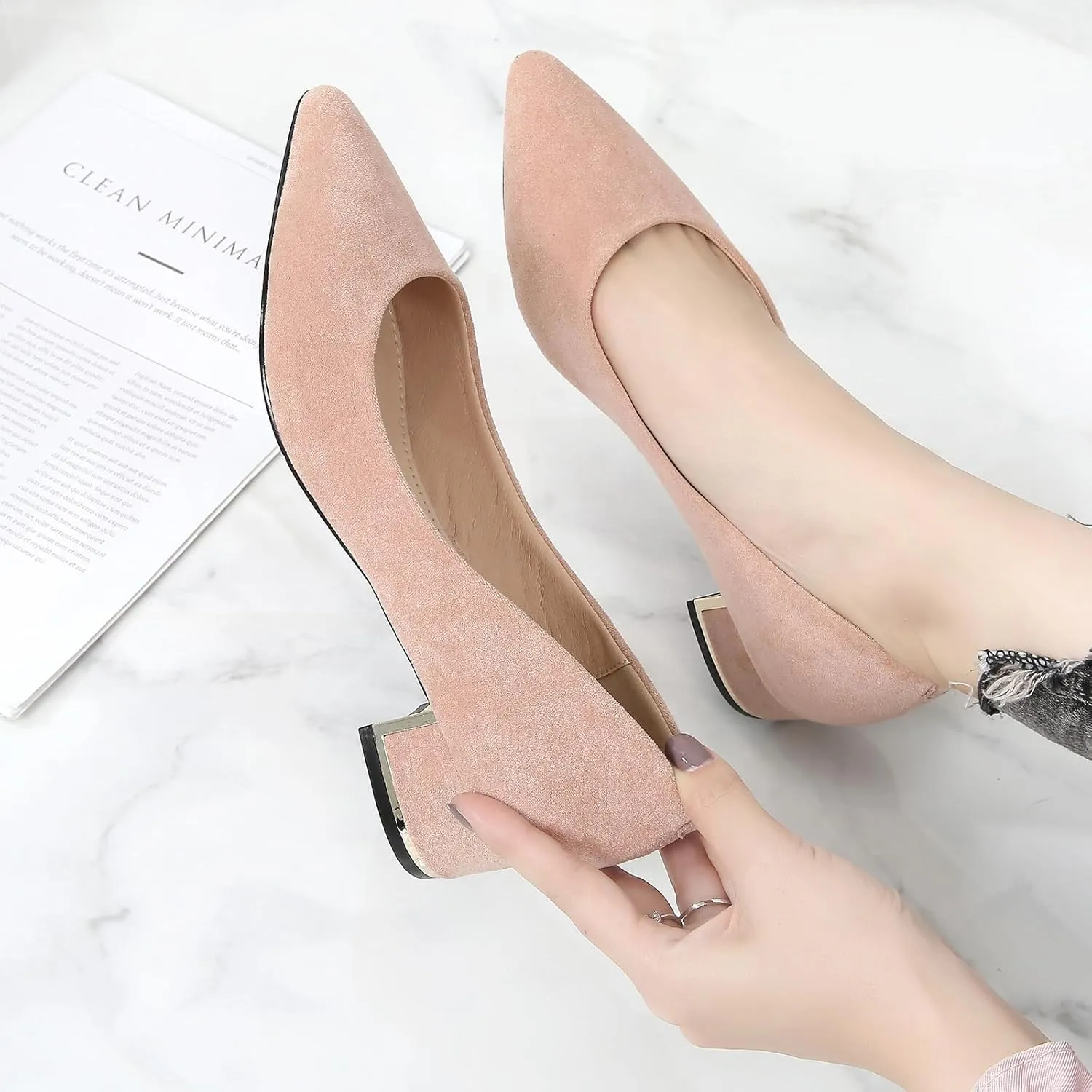 WUIWUIYU Womens Suede Pumps Low Heels Stacked Block Heeled Pumps Shoes Wedding Party Causal Flats Shoes