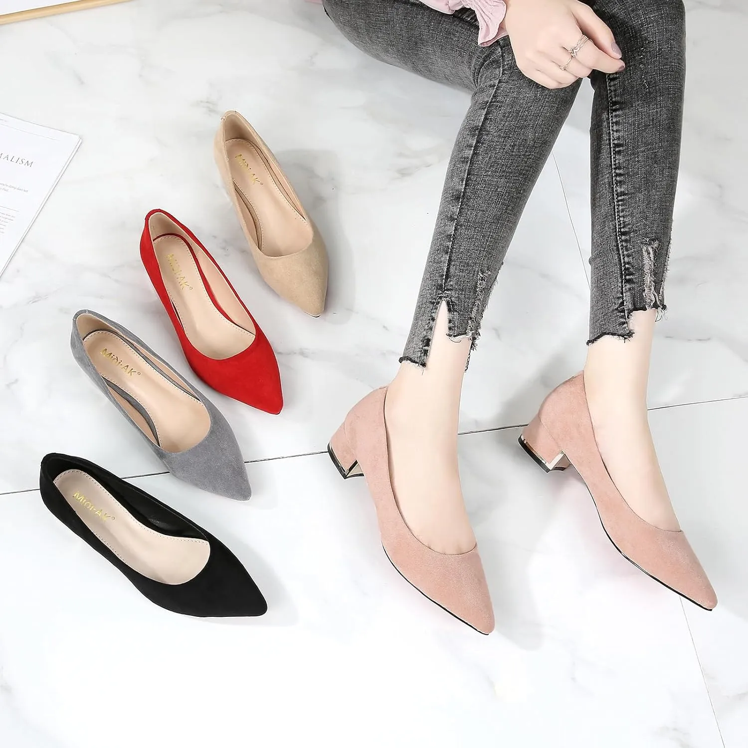 WUIWUIYU Womens Suede Pumps Low Heels Stacked Block Heeled Pumps Shoes Wedding Party Causal Flats Shoes