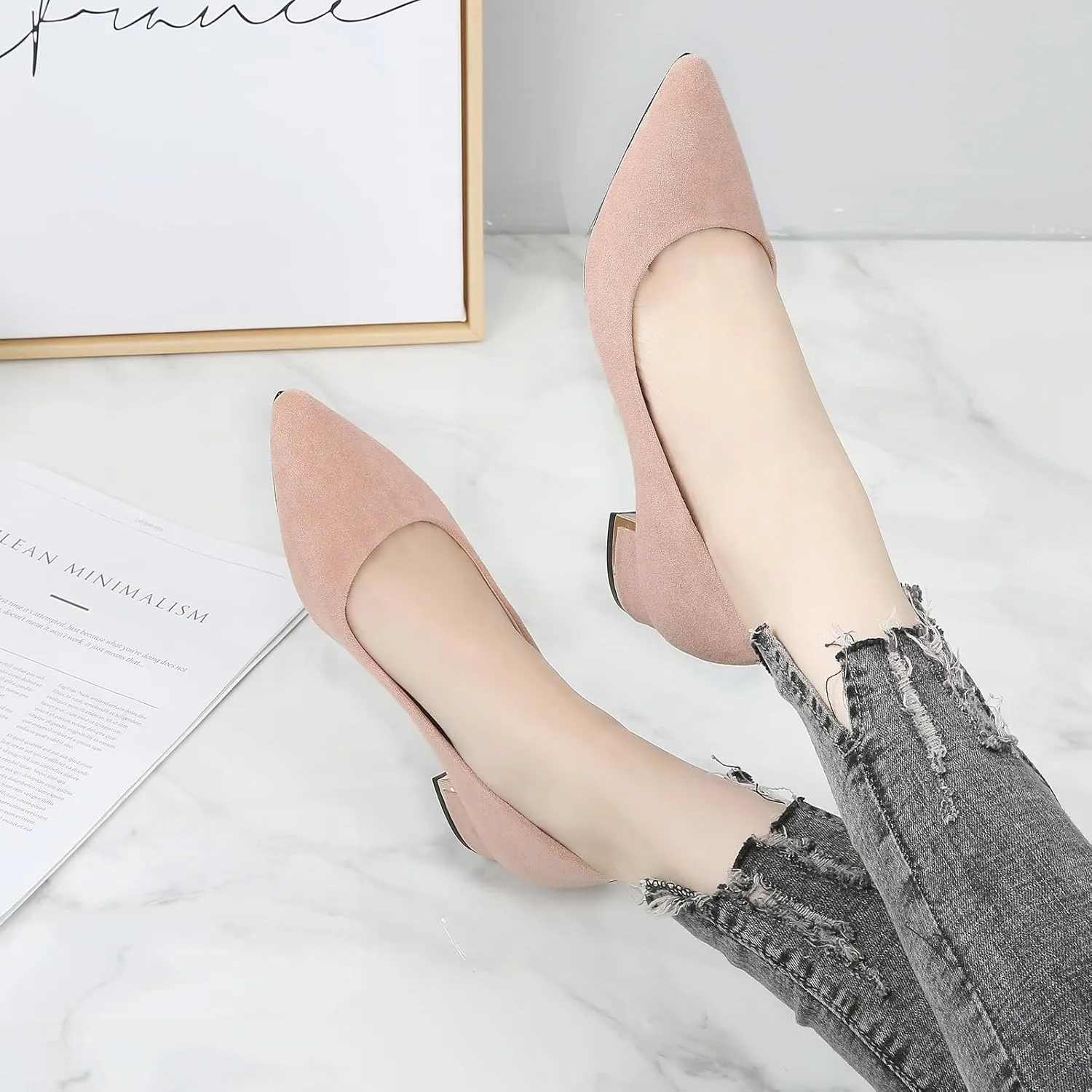 WUIWUIYU Womens Suede Pumps Low Heels Stacked Block Heeled Pumps Shoes Wedding Party Causal Flats Shoes