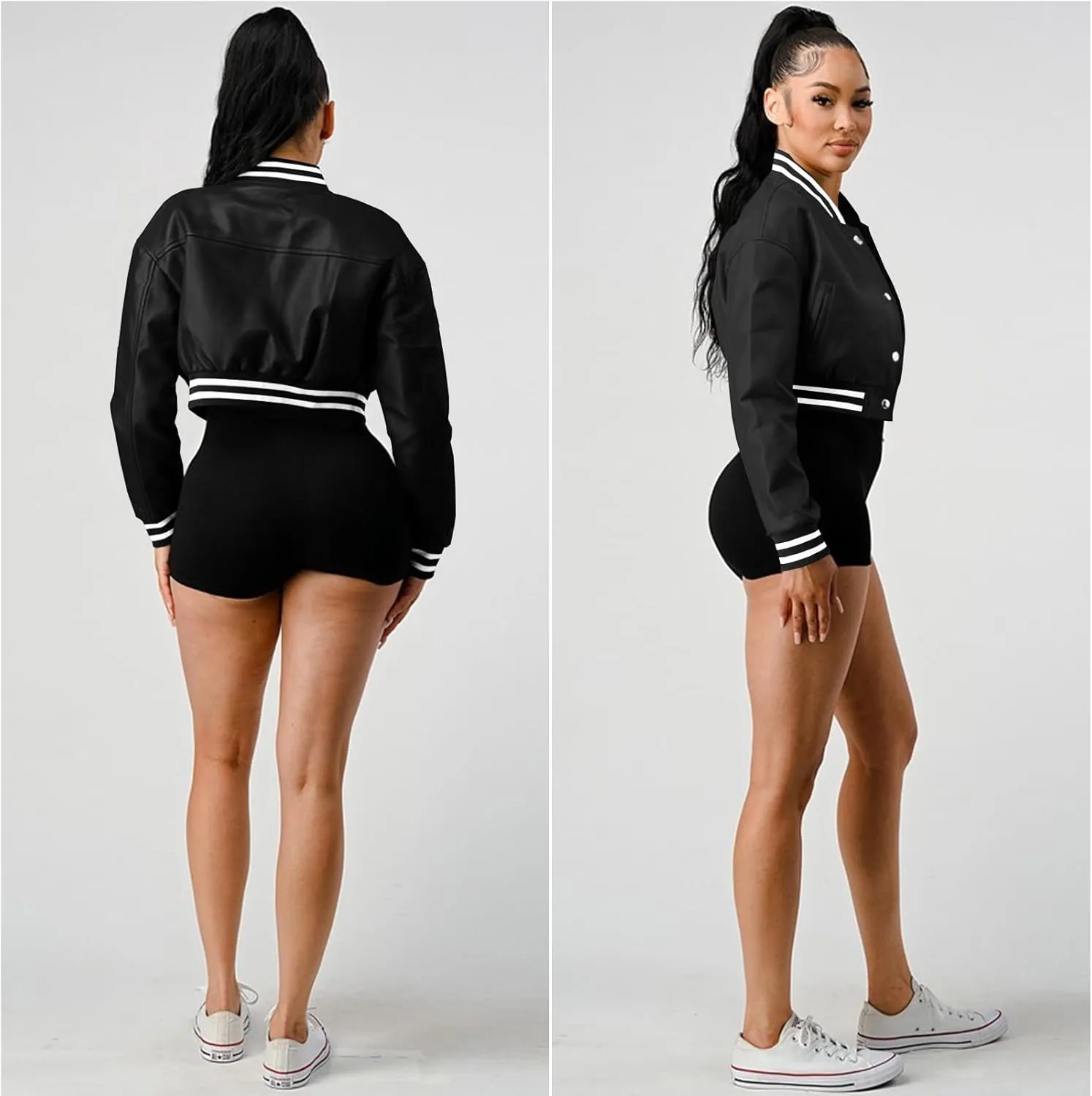 Xaspee Varsity Bomber Jacket Women Causal Baseball Crop Top Letterman Faux Leather Snap Button Sports Outwear Jackets