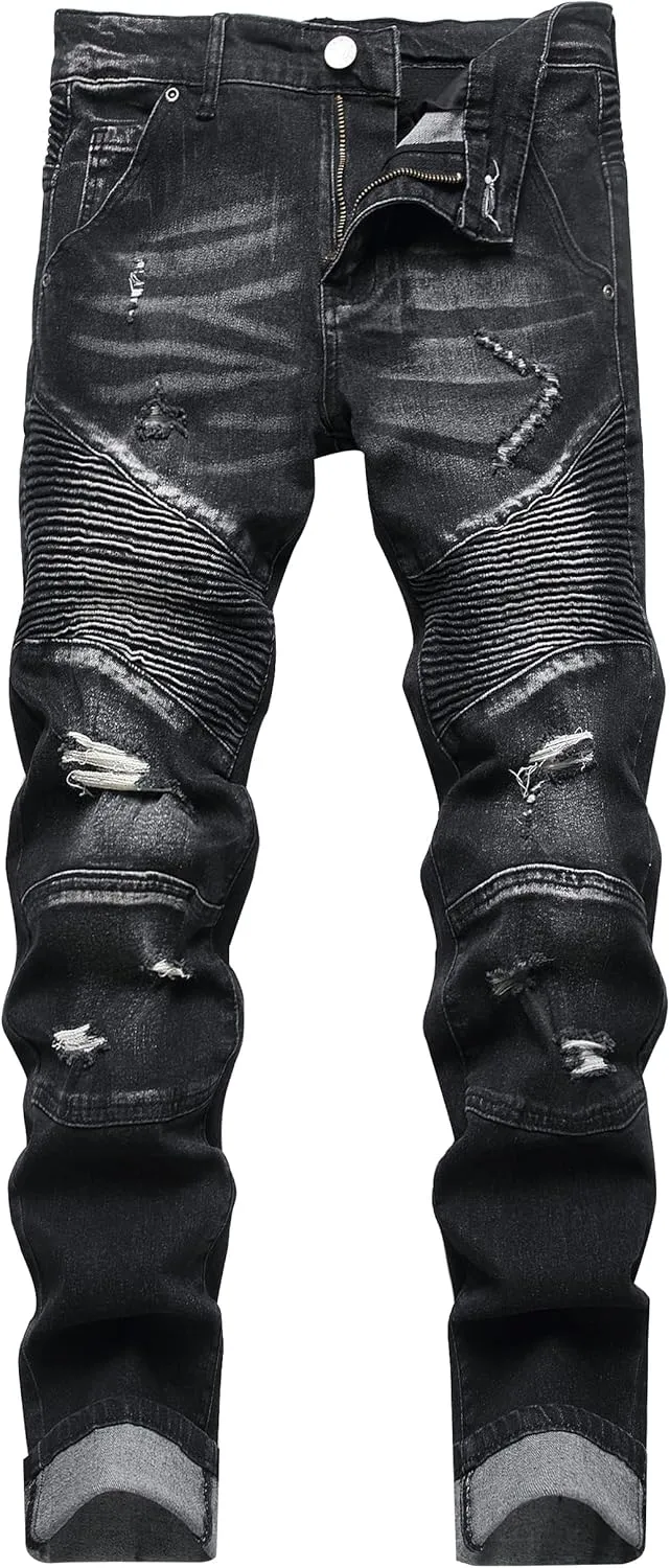 XIMXIMMTIAN Men's Biker Moto Washed Distressed Slim Fit Straight Jeans Denim…