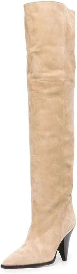 XYD Sassy Cone Mid Heels Thigh High Boots for Women Over The Knee Stretchy Pointed Toe Stylish Baggy Winter Warm Dress Long Booties Shoes