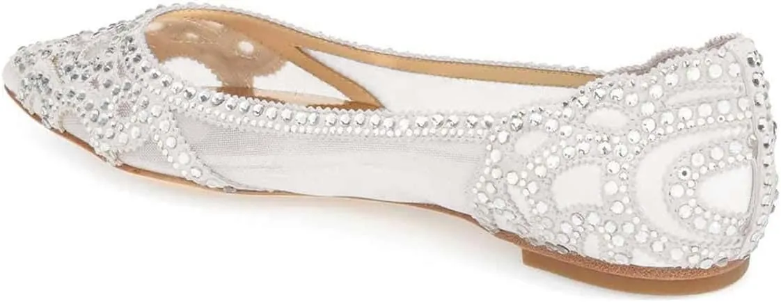 XYD Women Elegant Pointed Toe Rhinestone Flats Mesh Slip-on Crystals Wedding Bride Ballet Shoes