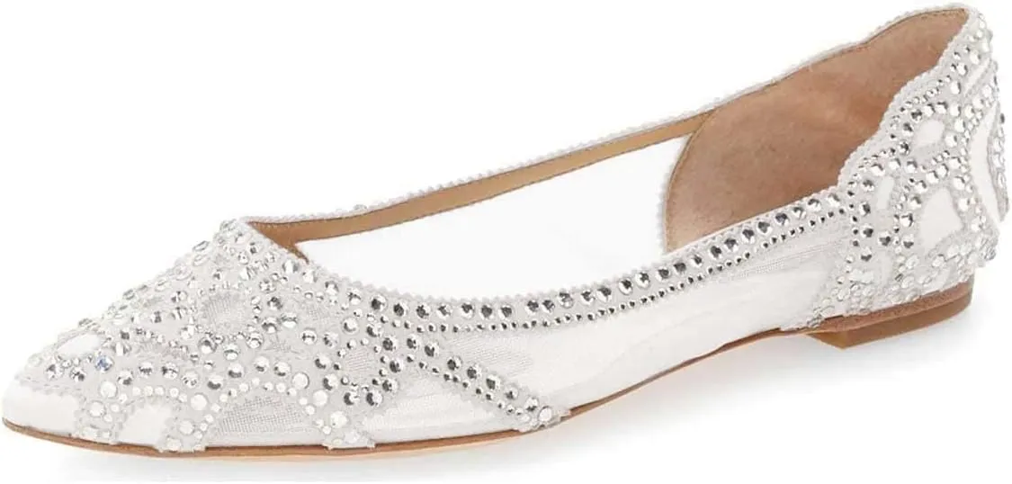 XYD Women Elegant Pointed Toe Rhinestone Flats Mesh Slip-on Crystals Wedding Bride Ballet Shoes