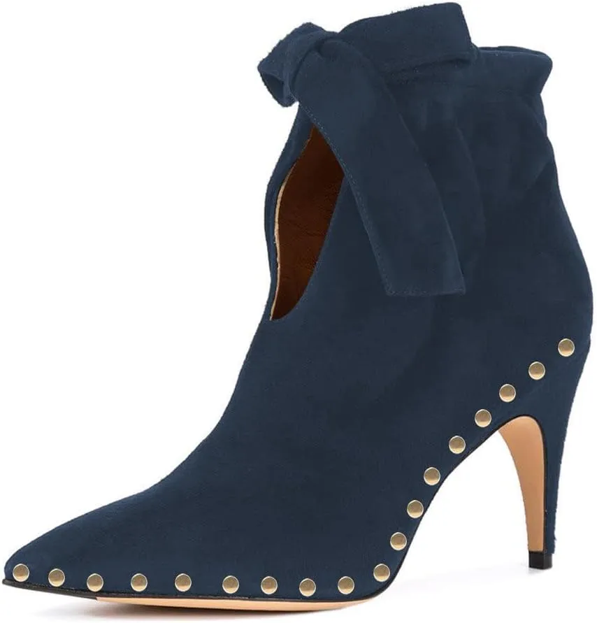 XYD Women Studded Pointed Toe Ankle Booties Kitten Mid Heels Stylish Short Boots with Bow Party Shoes