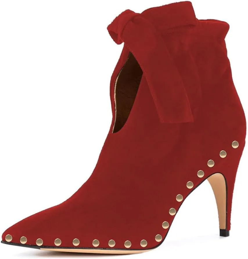 XYD Women Studded Pointed Toe Ankle Booties Kitten Mid Heels Stylish Short Boots with Bow Party Shoes