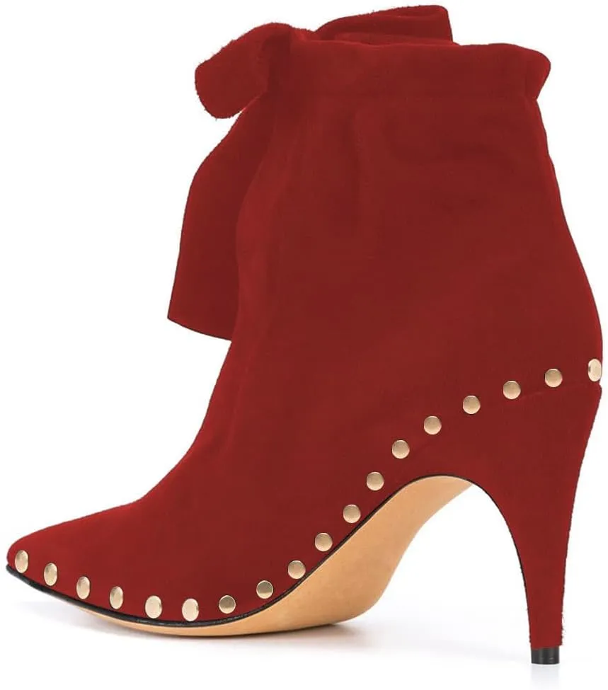 XYD Women Studded Pointed Toe Ankle Booties Kitten Mid Heels Stylish Short Boots with Bow Party Shoes