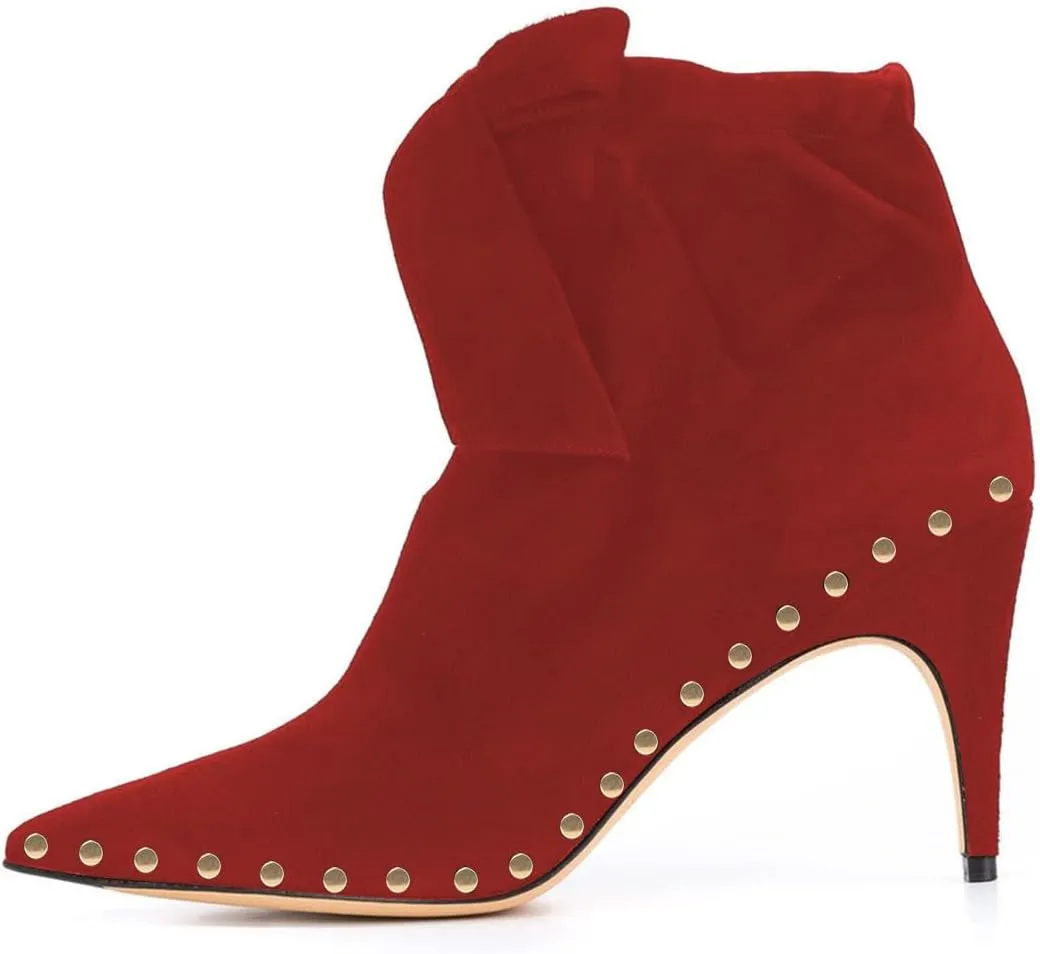 XYD Women Studded Pointed Toe Ankle Booties Kitten Mid Heels Stylish Short Boots with Bow Party Shoes