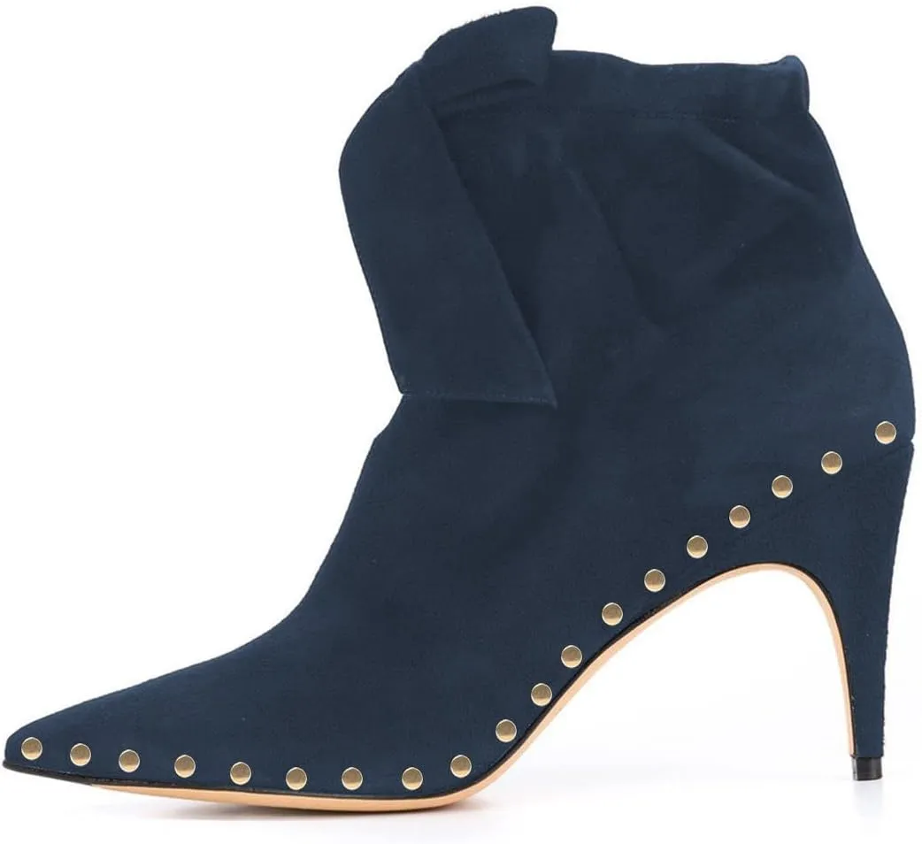XYD Women Studded Pointed Toe Ankle Booties Kitten Mid Heels Stylish Short Boots with Bow Party Shoes