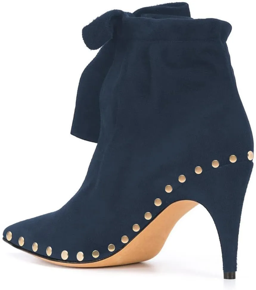 XYD Women Studded Pointed Toe Ankle Booties Kitten Mid Heels Stylish Short Boots with Bow Party Shoes