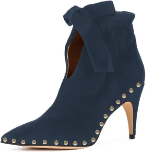 XYD Women Studded Pointed Toe Ankle Booties Kitten Mid Heels Stylish Short Boots with Bow Party Shoes