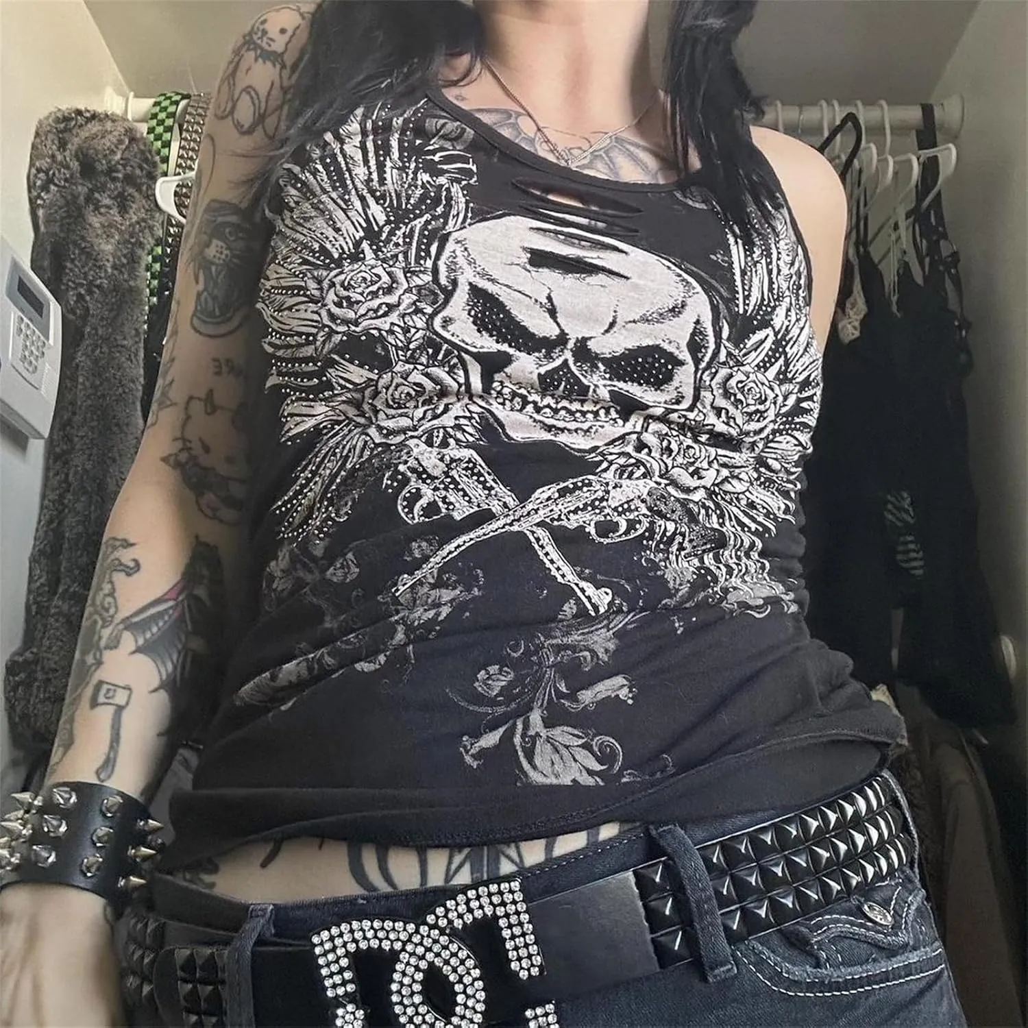 Y2k Fairy Grunge Clothes for Women Gothic Skull Skeleton Graphic Print Tees Shirts 90s Vintage Aesthetic Crop Tops