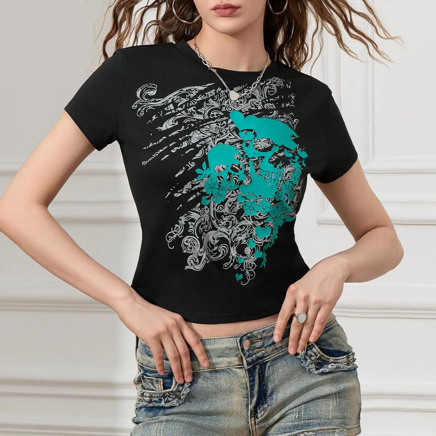 Y2k Fairy Grunge Clothes for Women Gothic Skull Skeleton Graphic Print Tees Shirts 90s Vintage Aesthetic Crop Tops