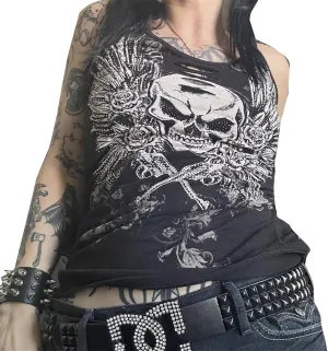 Y2k Fairy Grunge Clothes for Women Gothic Skull Skeleton Graphic Print Tees Shirts 90s Vintage Aesthetic Crop Tops