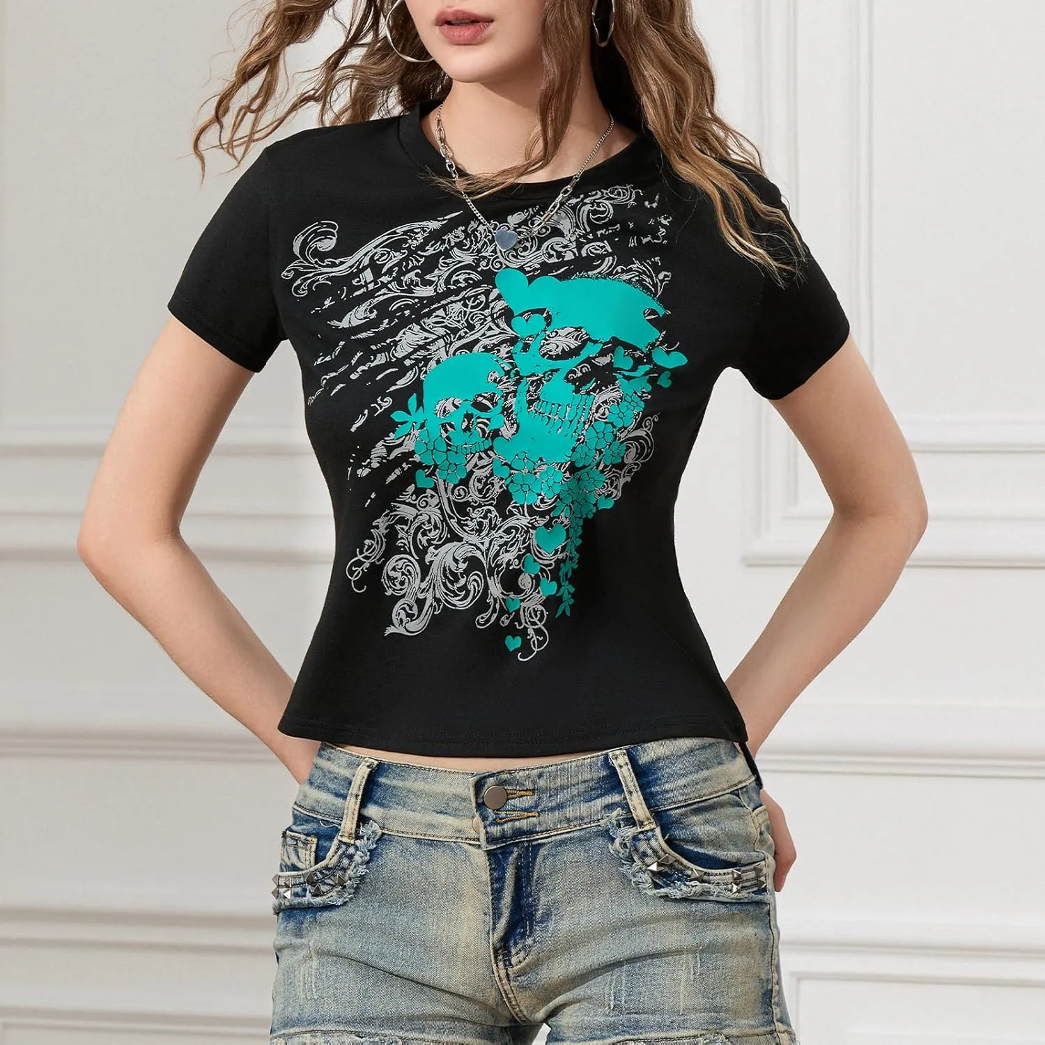 Y2k Fairy Grunge Clothes for Women Gothic Skull Skeleton Graphic Print Tees Shirts 90s Vintage Aesthetic Crop Tops