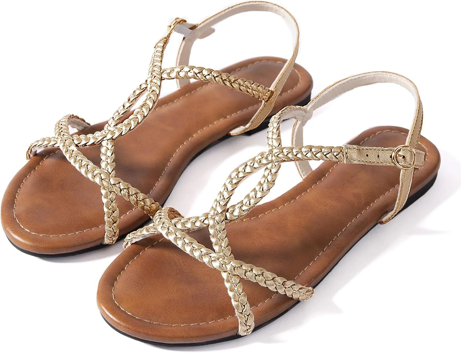 YANWENFANG Women's Strappy Flat Sandals, Adjustable Ankle Strap Gladiator Style, Summer Beach Casual Roman Gladiator Boho Beach Vacation Vintage Leather