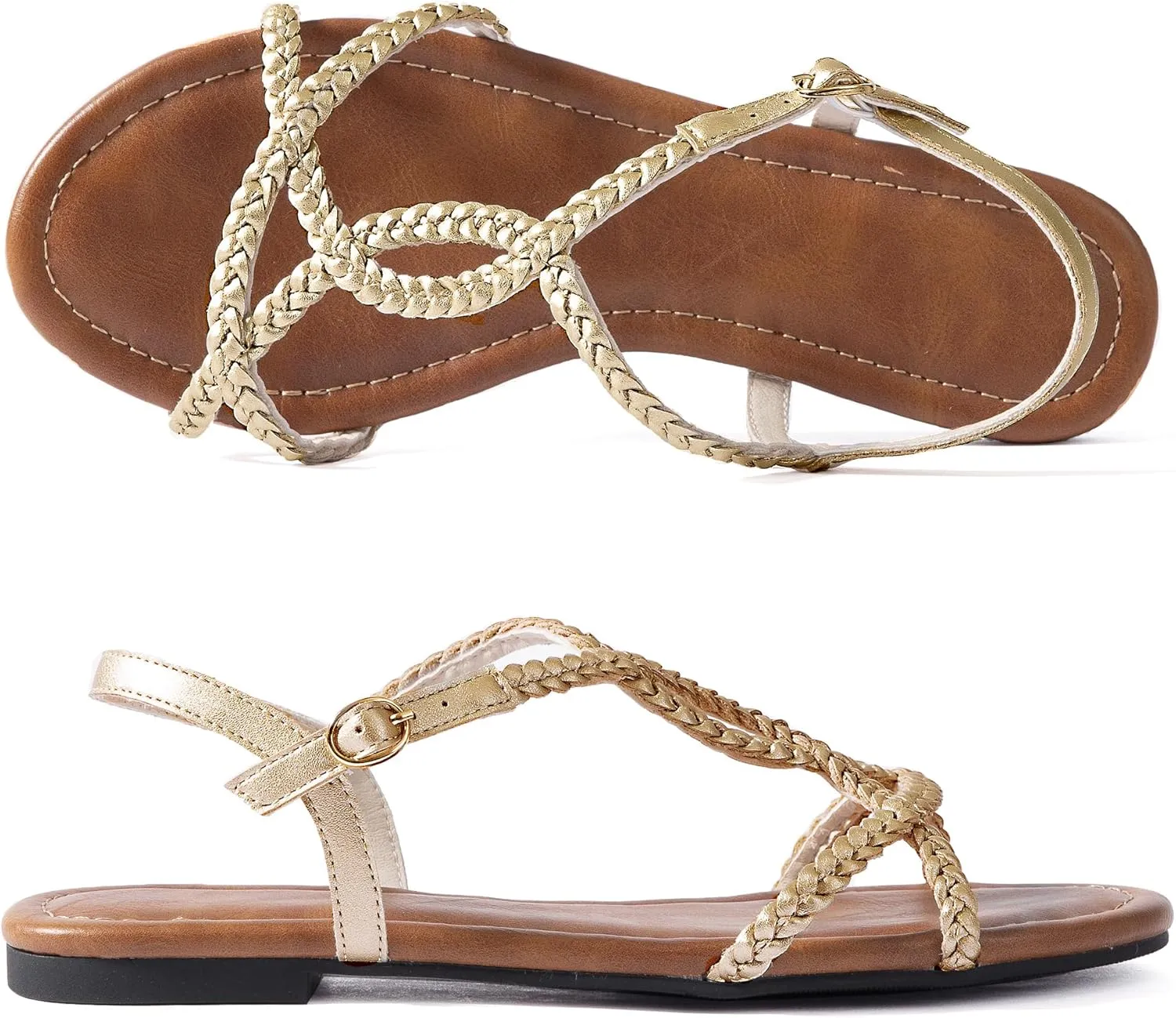 YANWENFANG Women's Strappy Flat Sandals, Adjustable Ankle Strap Gladiator Style, Summer Beach Casual Roman Gladiator Boho Beach Vacation Vintage Leather