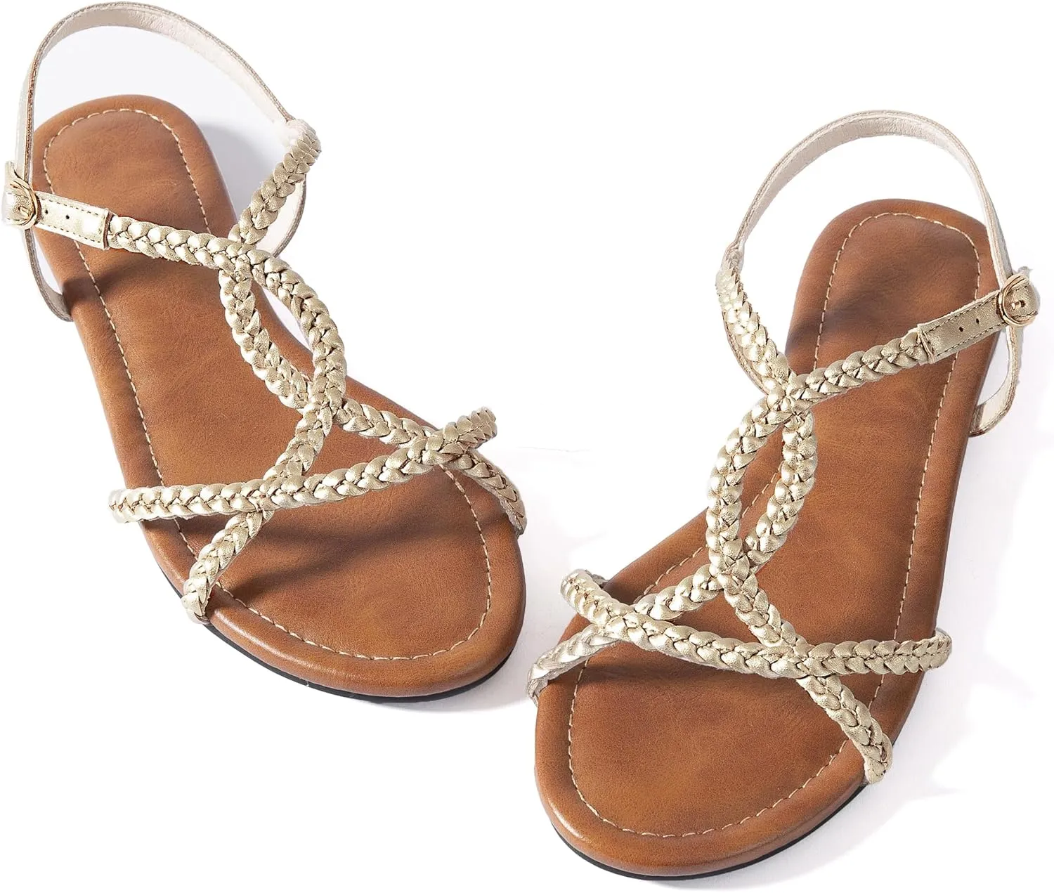 YANWENFANG Women's Strappy Flat Sandals, Adjustable Ankle Strap Gladiator Style, Summer Beach Casual Roman Gladiator Boho Beach Vacation Vintage Leather