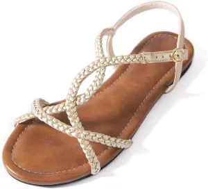 YANWENFANG Women's Strappy Flat Sandals, Adjustable Ankle Strap Gladiator Style, Summer Beach Casual Roman Gladiator Boho Beach Vacation Vintage Leather