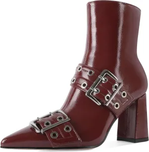 YODEKS Ankle Boots For Women Short Boots Pointed Toe Chunky High Heel Boots Metal Buckle Studded Boots