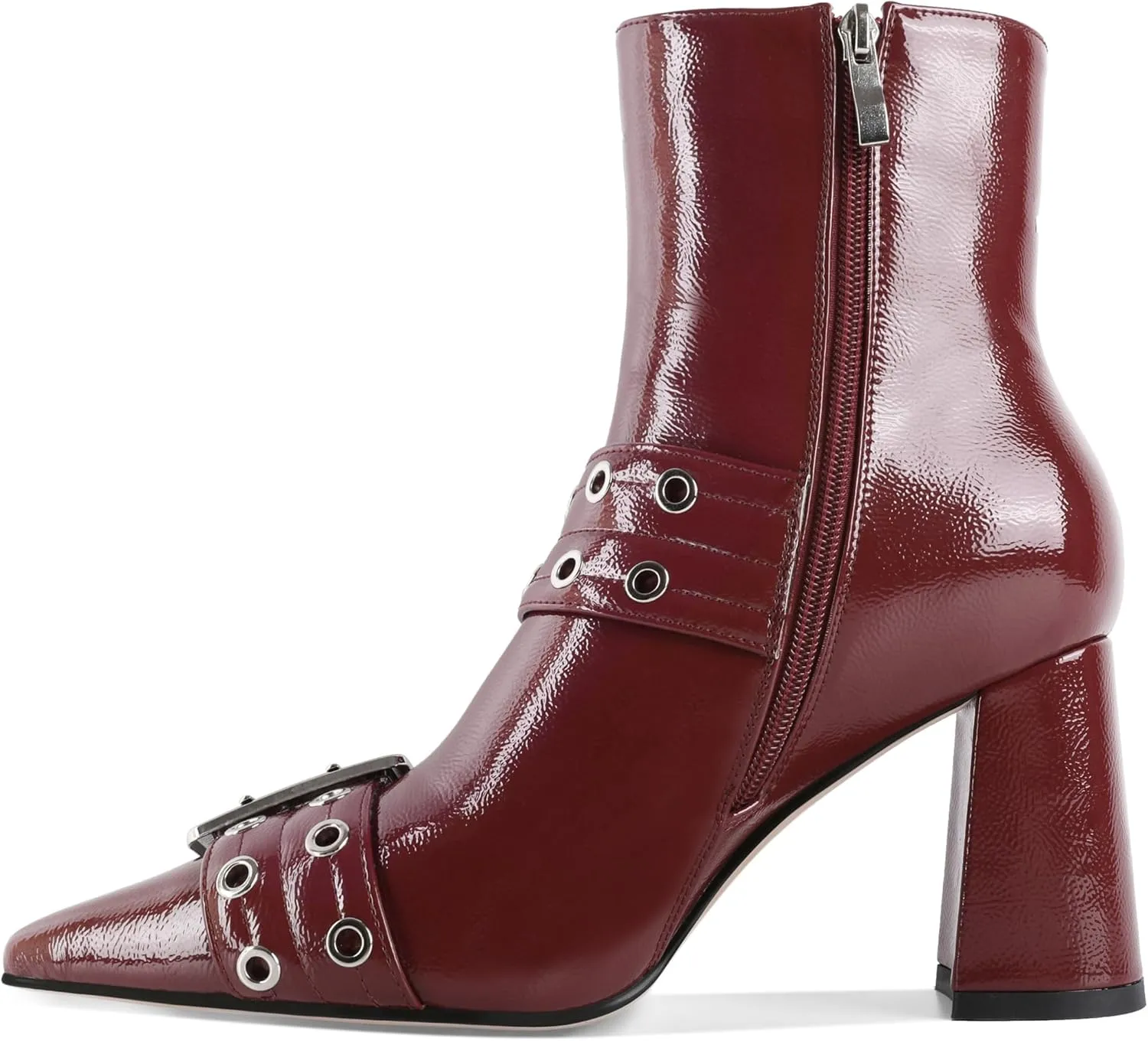 YODEKS Ankle Boots For Women Short Boots Pointed Toe Chunky High Heel Boots Metal Buckle Studded Boots