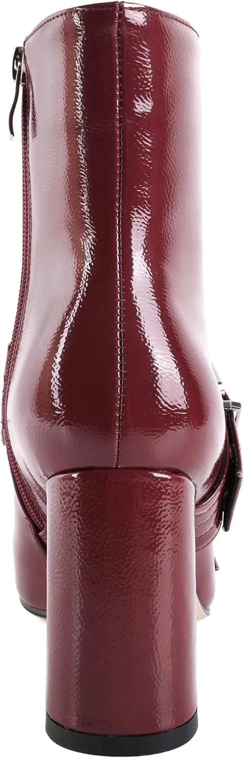 YODEKS Ankle Boots For Women Short Boots Pointed Toe Chunky High Heel Boots Metal Buckle Studded Boots