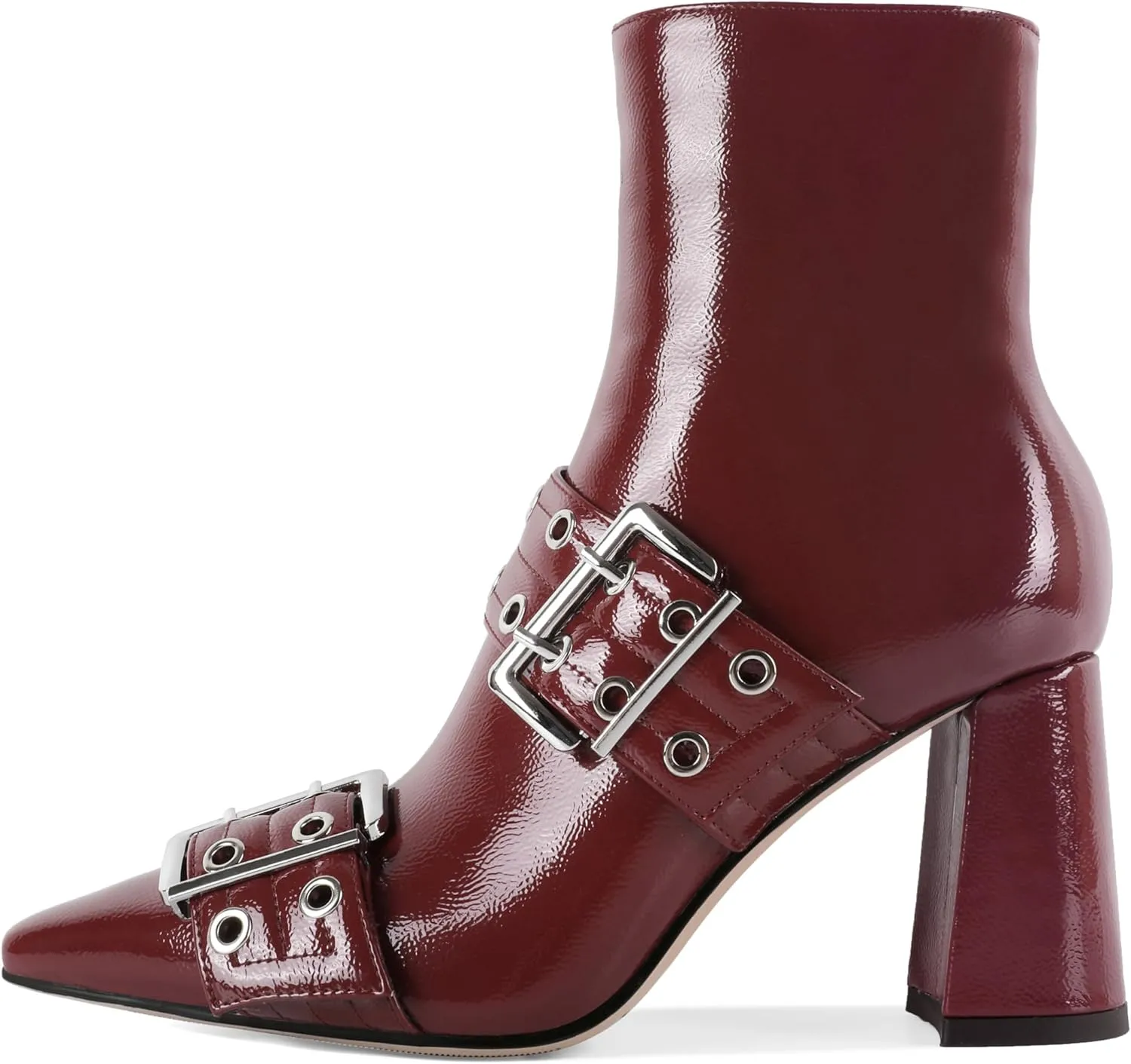 YODEKS Ankle Boots For Women Short Boots Pointed Toe Chunky High Heel Boots Metal Buckle Studded Boots