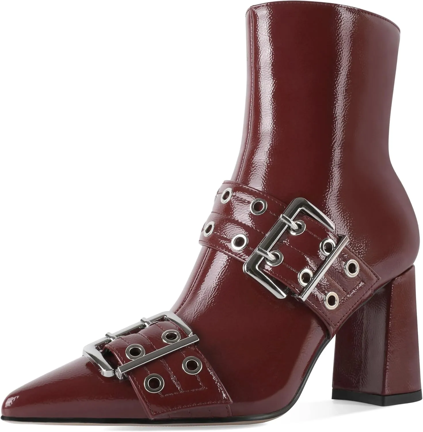 YODEKS Ankle Boots For Women Short Boots Pointed Toe Chunky High Heel Boots Metal Buckle Studded Boots