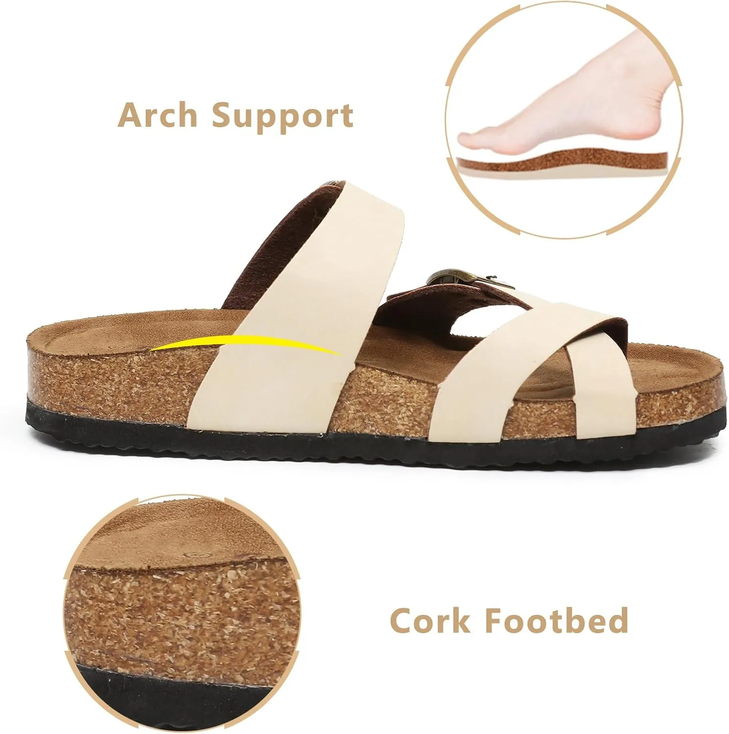 Yozuru Womens Cork Footbed Sandals Comfort Open Toe Slides Adjustable Buckle Beach Summer Flat Sandals with Arch Support