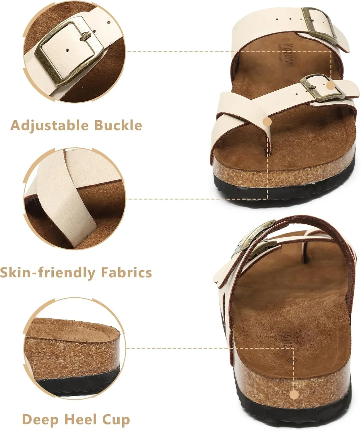 Yozuru Womens Cork Footbed Sandals Comfort Open Toe Slides Adjustable Buckle Beach Summer Flat Sandals with Arch Support