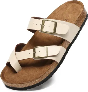Yozuru Womens Cork Footbed Sandals Comfort Open Toe Slides Adjustable Buckle Beach Summer Flat Sandals with Arch Support