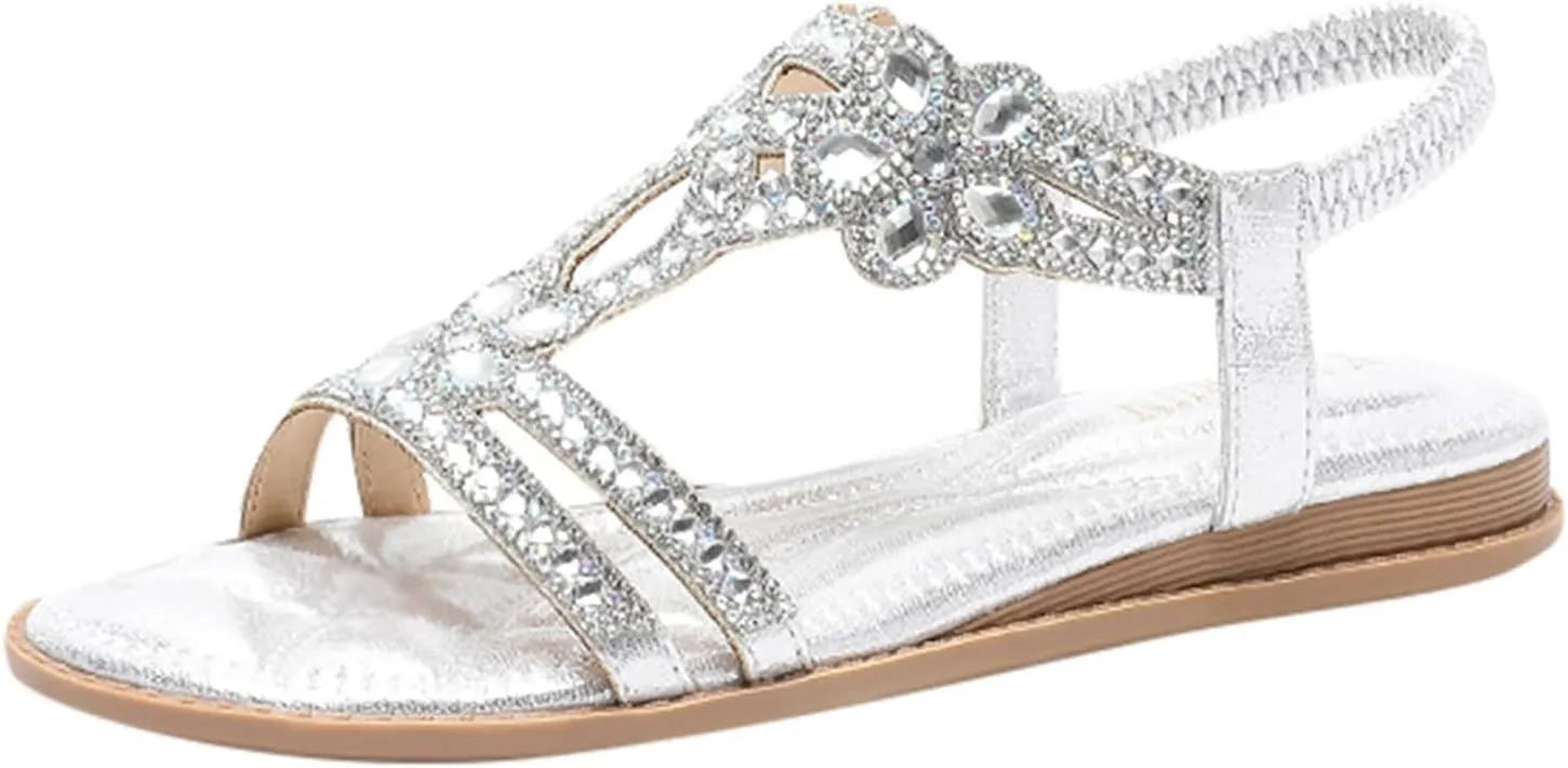 ZBYY Women's Summer Rhinestone Flat Sandals Comfort Bohemian Beach Elastic Ankle Strap Shoes Open Toe Sandals for Women