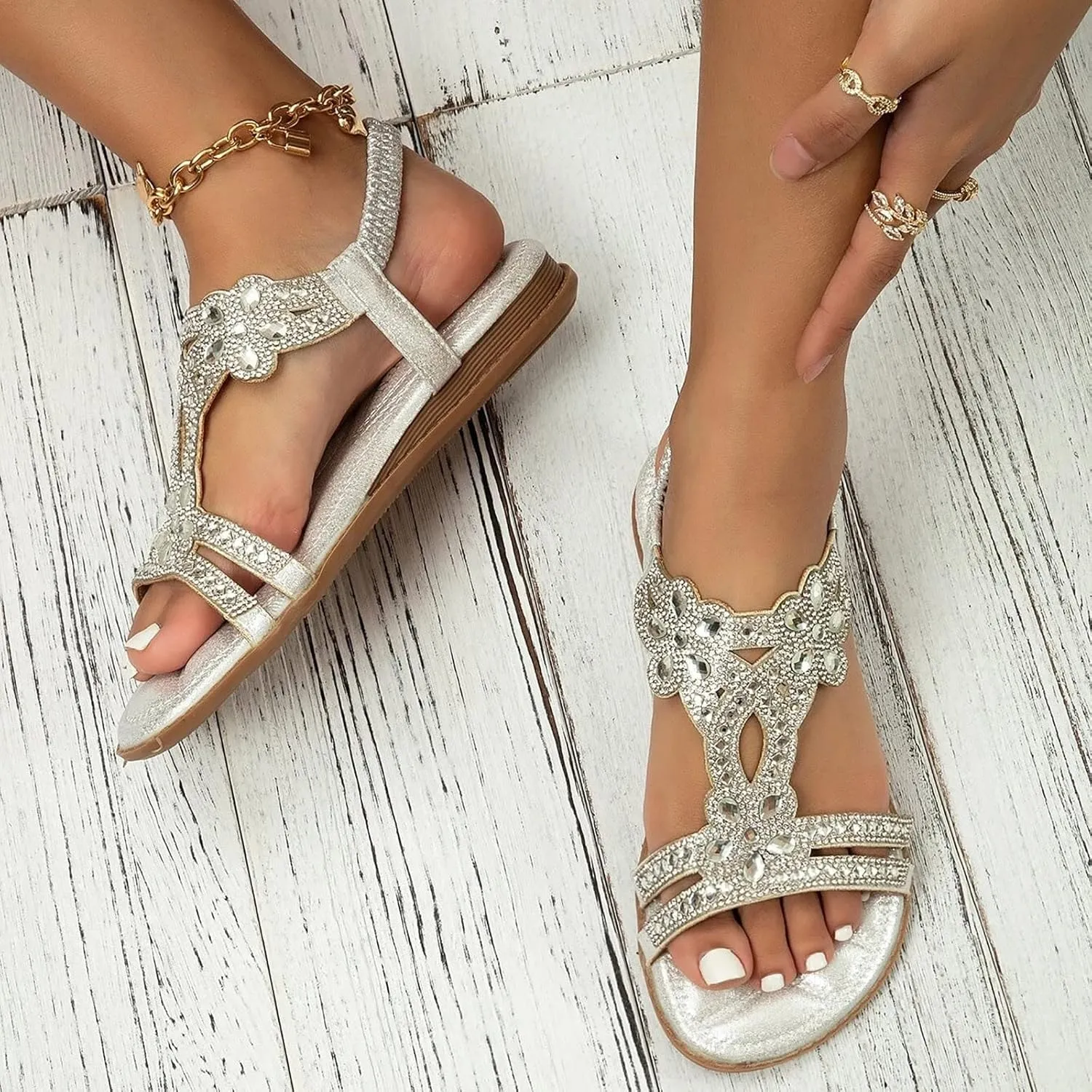 ZBYY Women's Summer Rhinestone Flat Sandals Comfort Bohemian Beach Elastic Ankle Strap Shoes Open Toe Sandals for Women