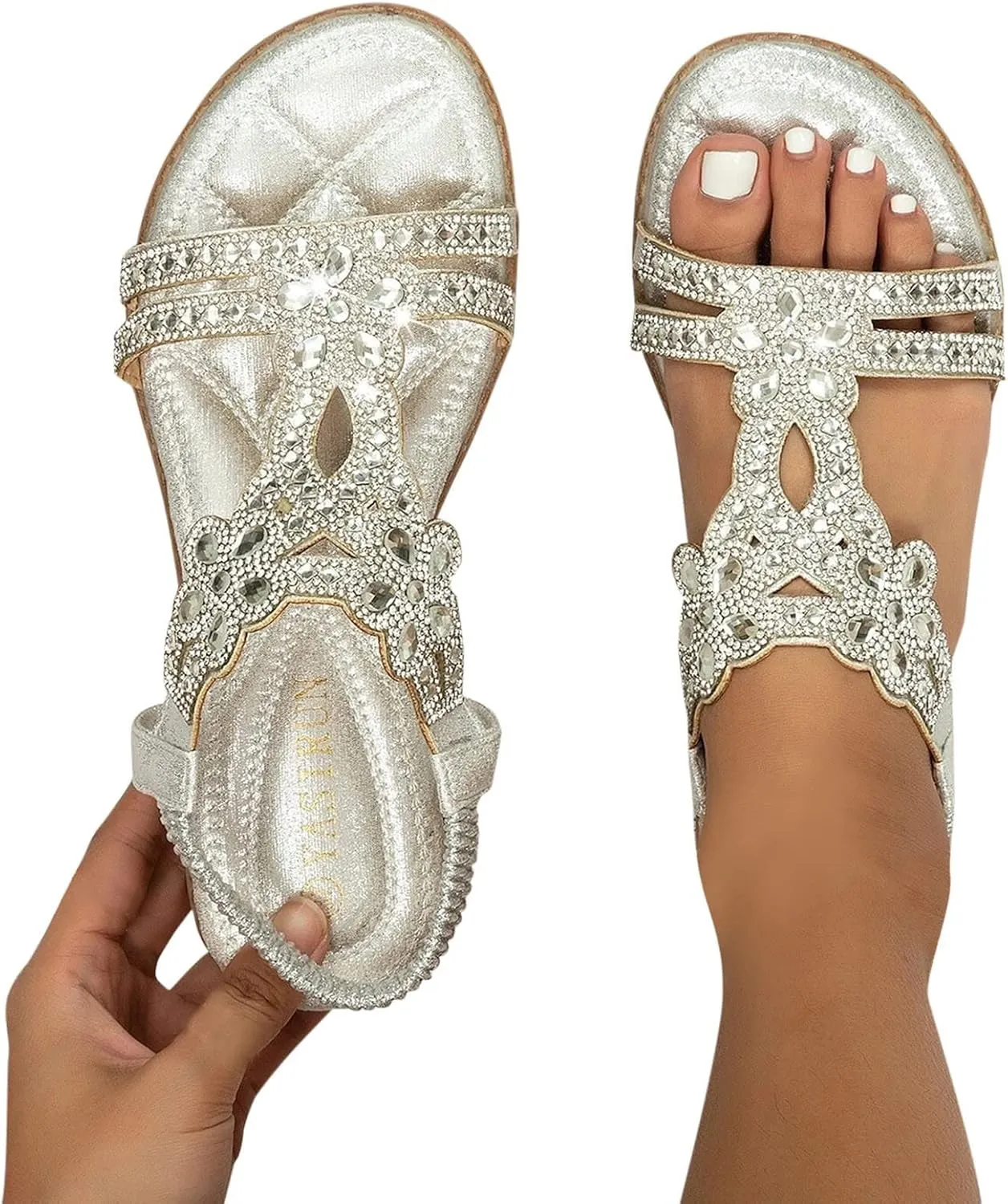 ZBYY Women's Summer Rhinestone Flat Sandals Comfort Bohemian Beach Elastic Ankle Strap Shoes Open Toe Sandals for Women
