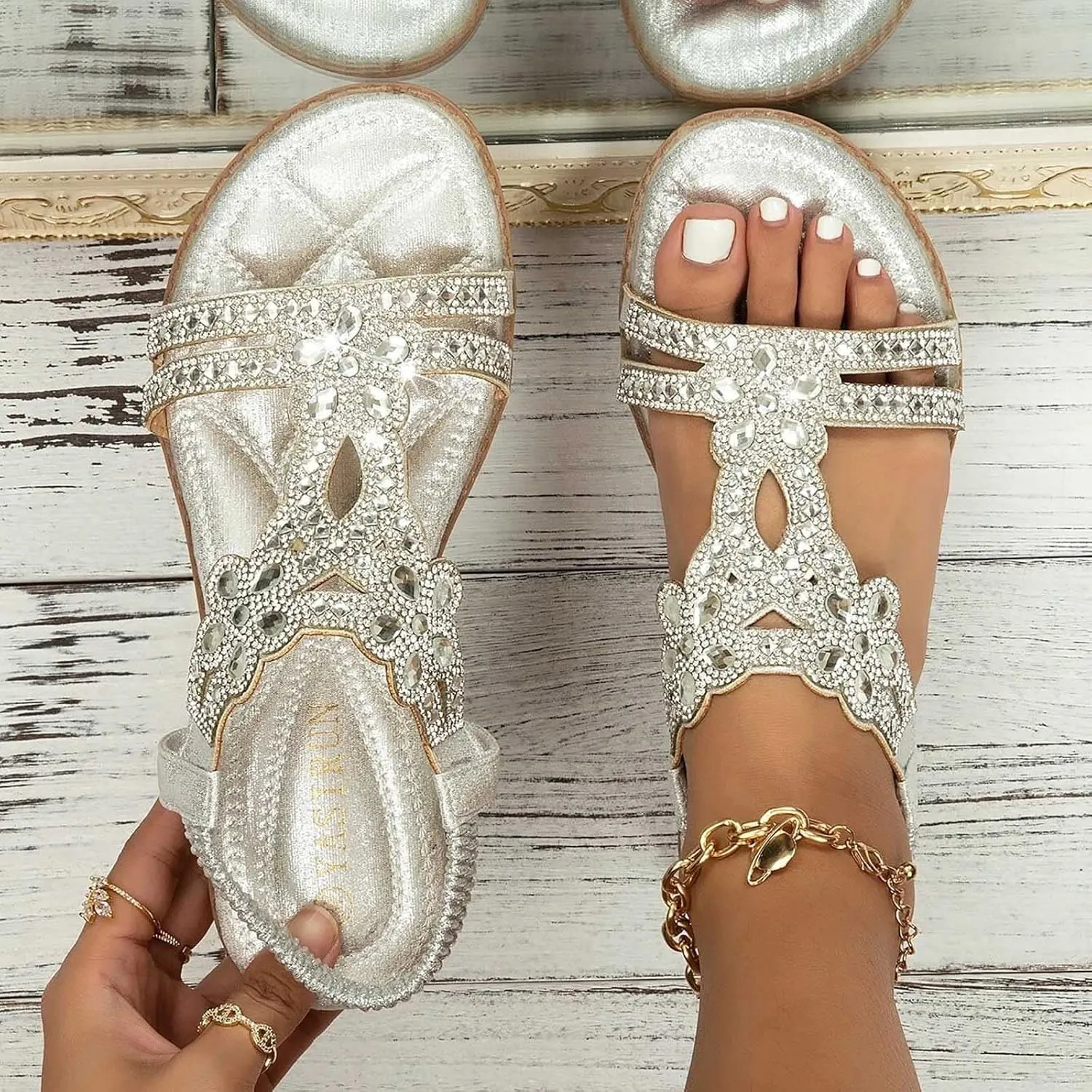 ZBYY Women's Summer Rhinestone Flat Sandals Comfort Bohemian Beach Elastic Ankle Strap Shoes Open Toe Sandals for Women