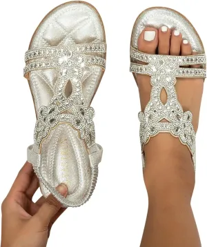 ZBYY Women's Summer Rhinestone Flat Sandals Comfort Bohemian Beach Elastic Ankle Strap Shoes Open Toe Sandals for Women