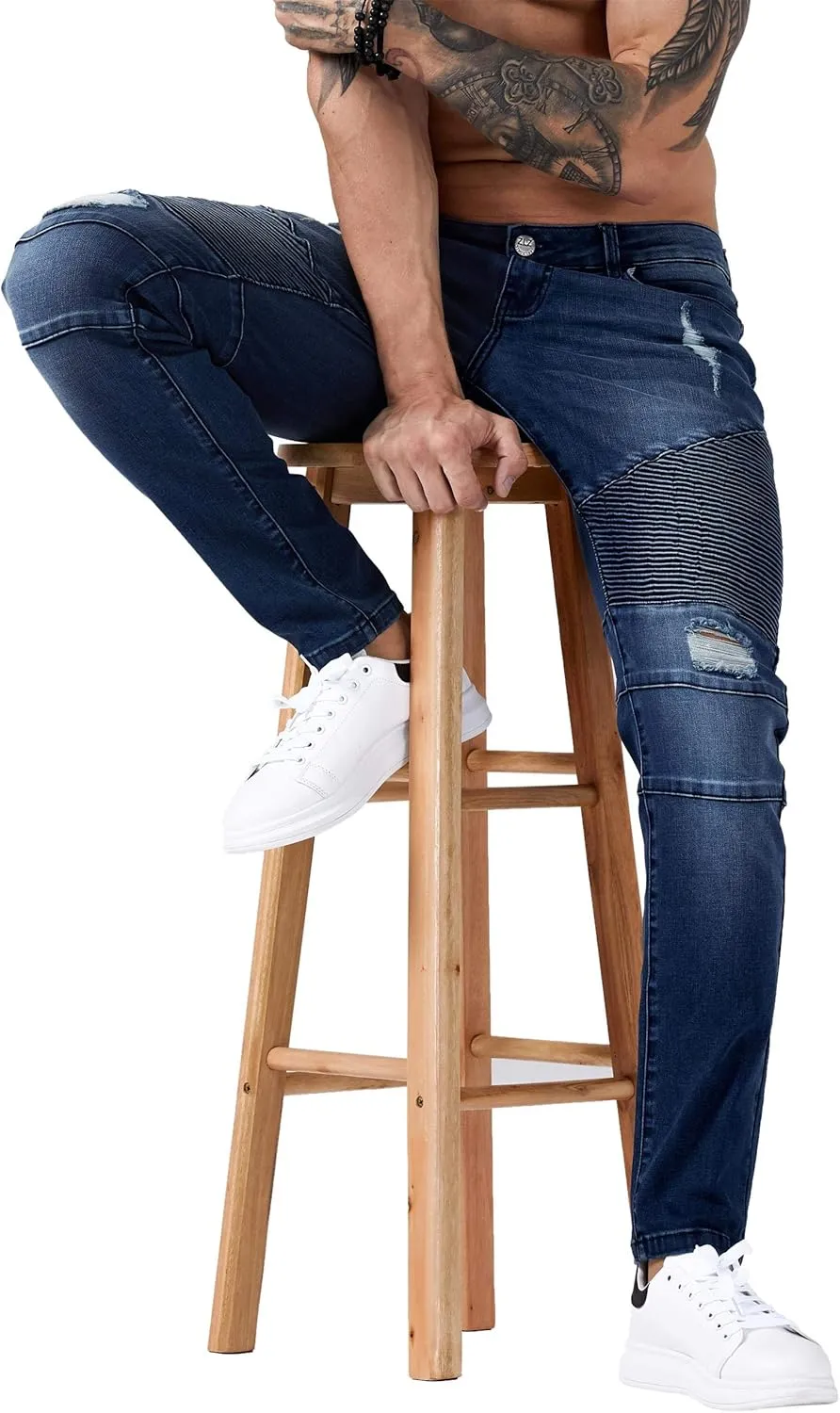 ZLZ Black Biker Jeans for Men, Slim Fit, Comfy Stretch Ripped Distressed Biker Pants, Designer Jeans