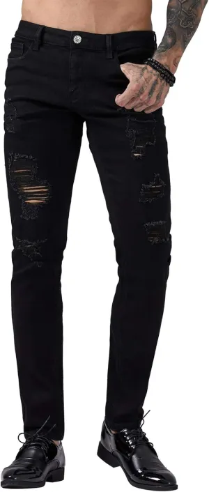 ZLZ Blue Black Ripped Distressed Jeans for Men Slim Fit, Men's Fashion Design Streetwear Destroyed Jeans Pants Stretch Fit