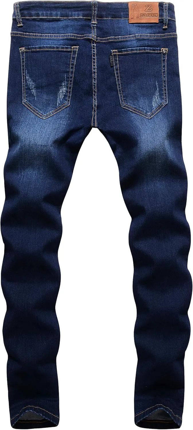 ZLZ Blue Black Ripped Distressed Jeans for Men Slim Fit, Men's Fashion Design Streetwear Destroyed Jeans Pants Stretch Fit