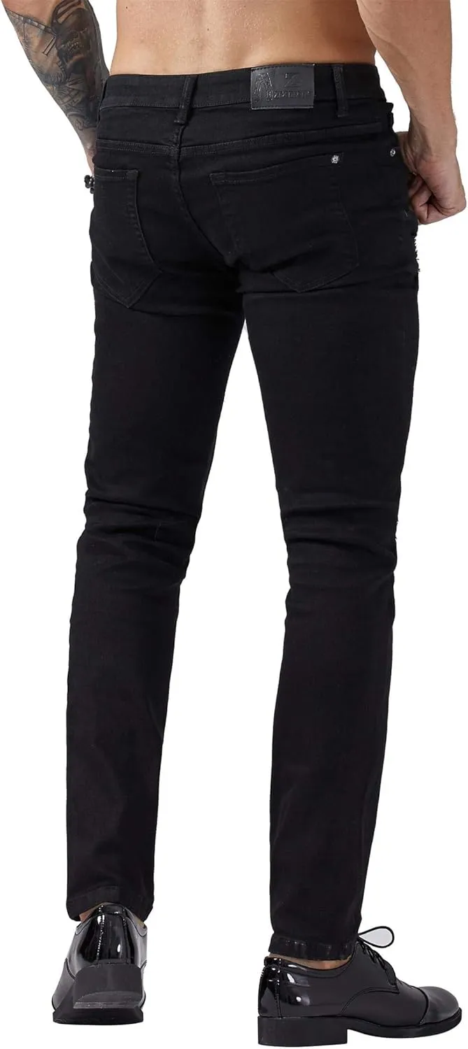 ZLZ Blue Black Ripped Distressed Jeans for Men Slim Fit, Men's Fashion Design Streetwear Destroyed Jeans Pants Stretch Fit