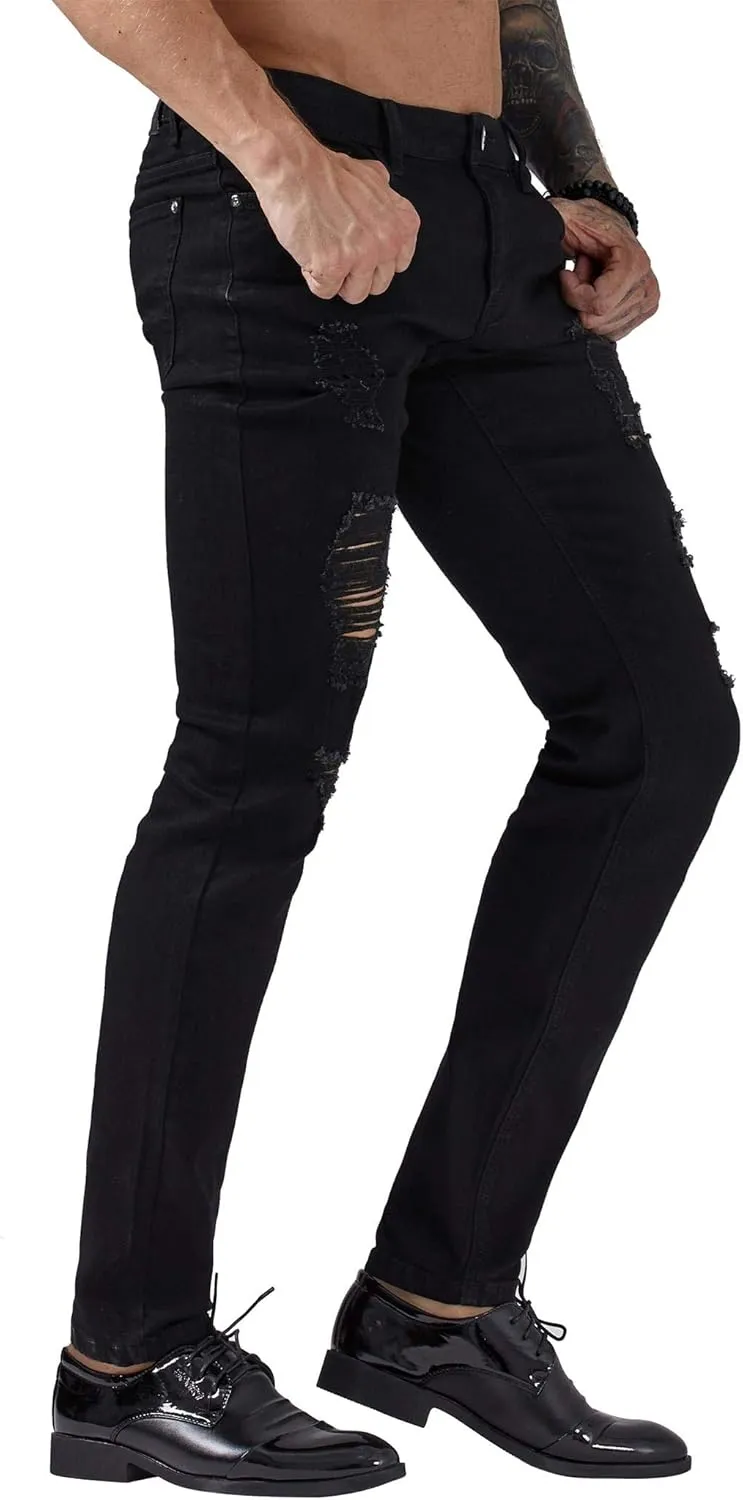 ZLZ Blue Black Ripped Distressed Jeans for Men Slim Fit, Men's Fashion Design Streetwear Destroyed Jeans Pants Stretch Fit