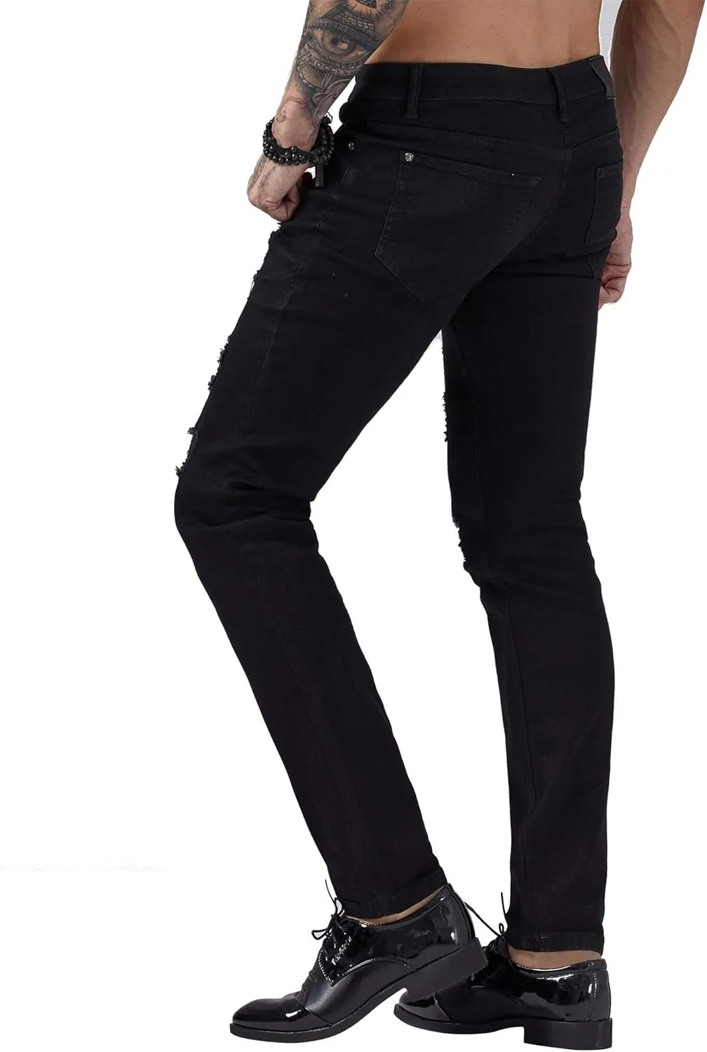 ZLZ Blue Black Ripped Distressed Jeans for Men Slim Fit, Men's Fashion Design Streetwear Destroyed Jeans Pants Stretch Fit