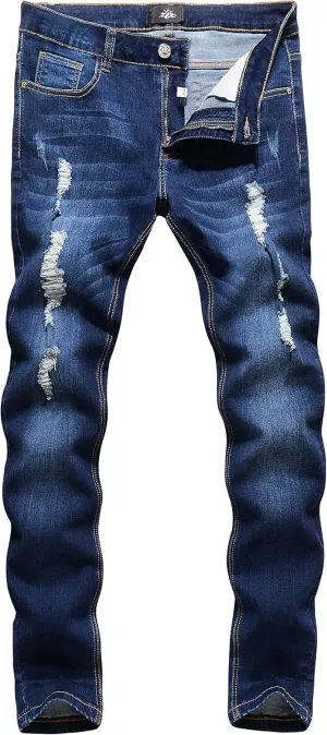 ZLZ Blue Black Ripped Distressed Jeans for Men Slim Fit, Men's Fashion Design Streetwear Destroyed Jeans Pants Stretch Fit