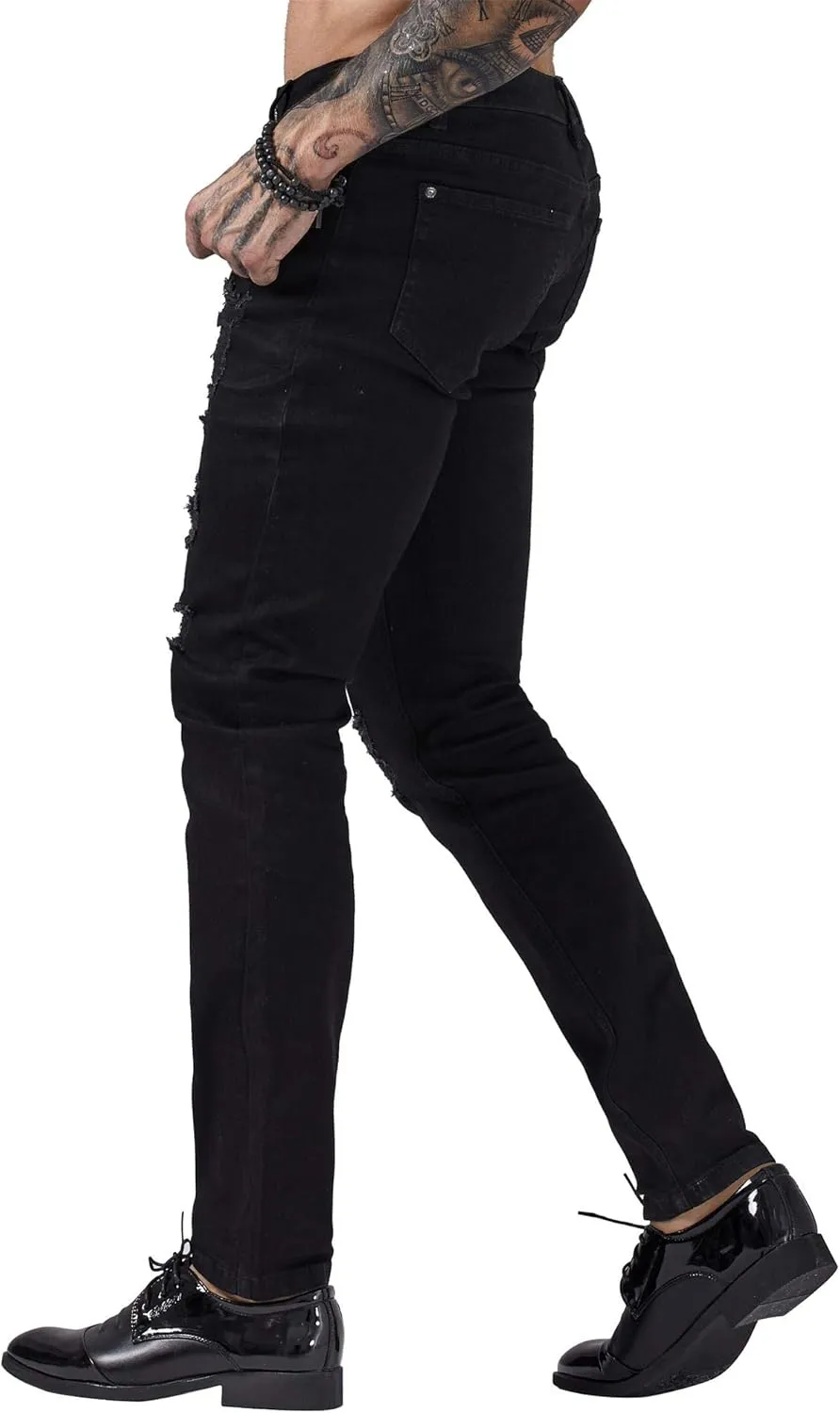 ZLZ Blue Black Ripped Distressed Jeans for Men Slim Fit, Men's Fashion Design Streetwear Destroyed Jeans Pants Stretch Fit