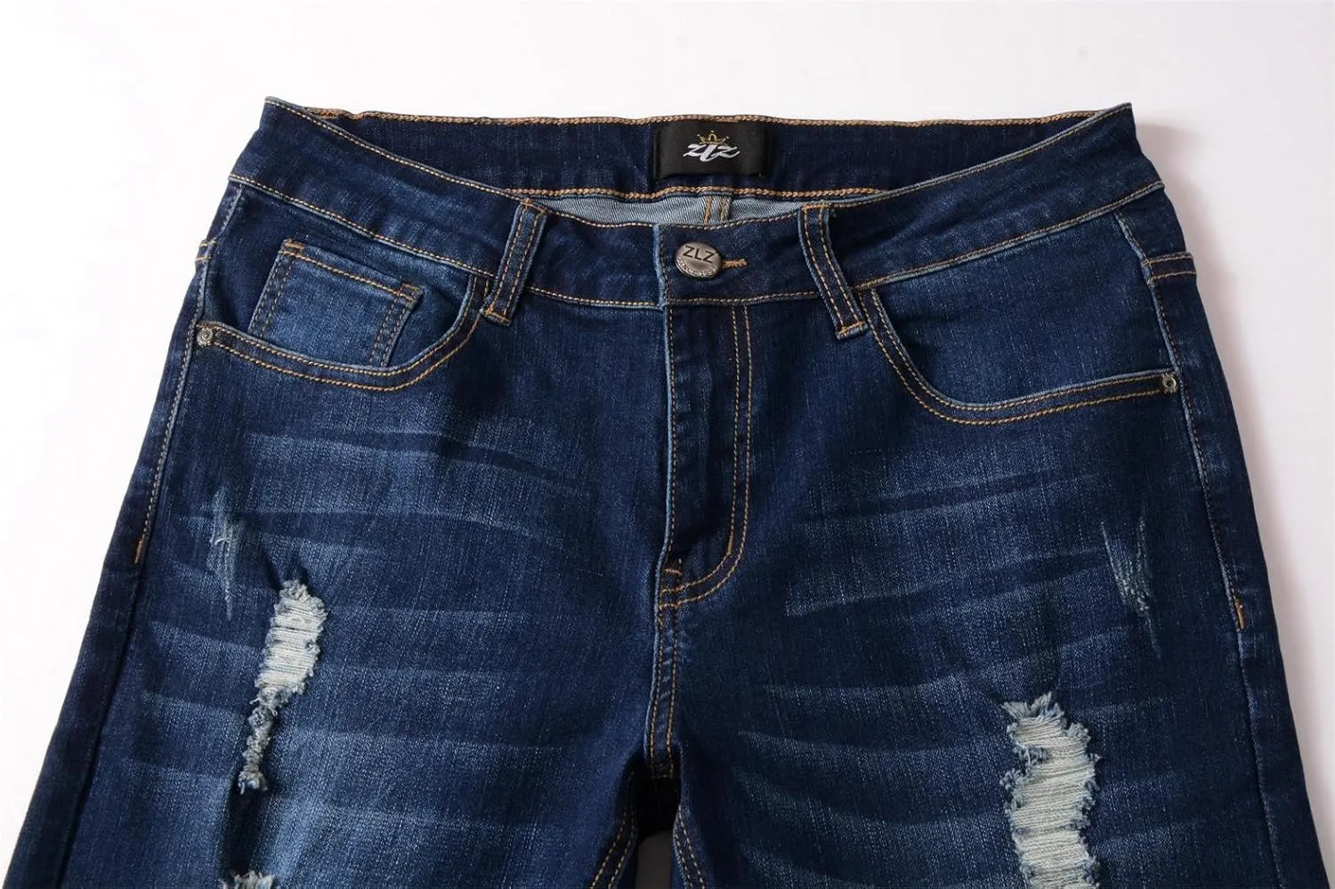ZLZ Blue Black Ripped Distressed Jeans for Men Slim Fit, Men's Fashion Design Streetwear Destroyed Jeans Pants Stretch Fit
