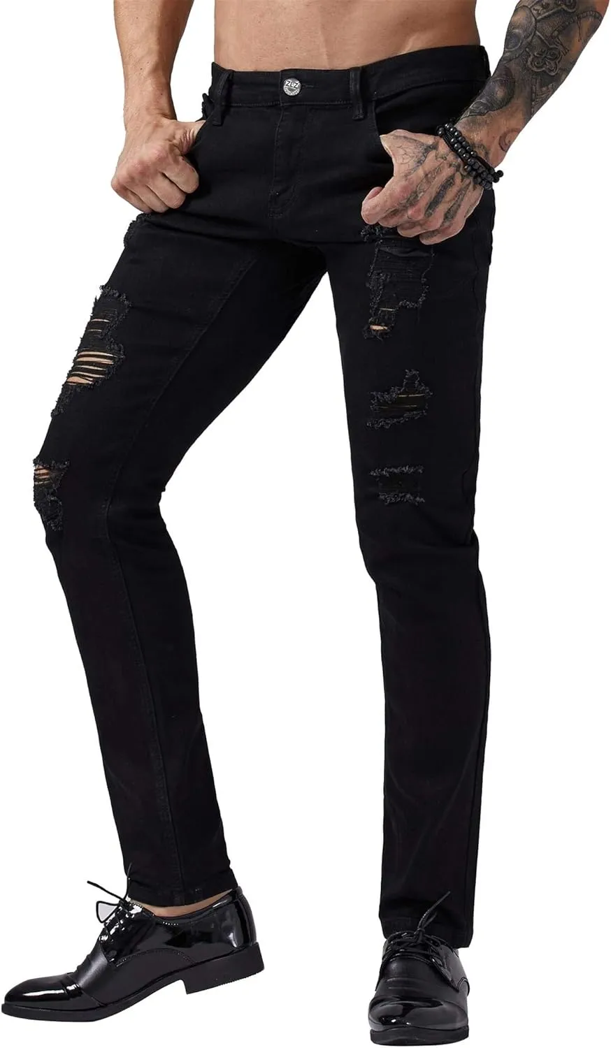 ZLZ Blue Black Ripped Distressed Jeans for Men Slim Fit, Men's Fashion Design Streetwear Destroyed Jeans Pants Stretch Fit